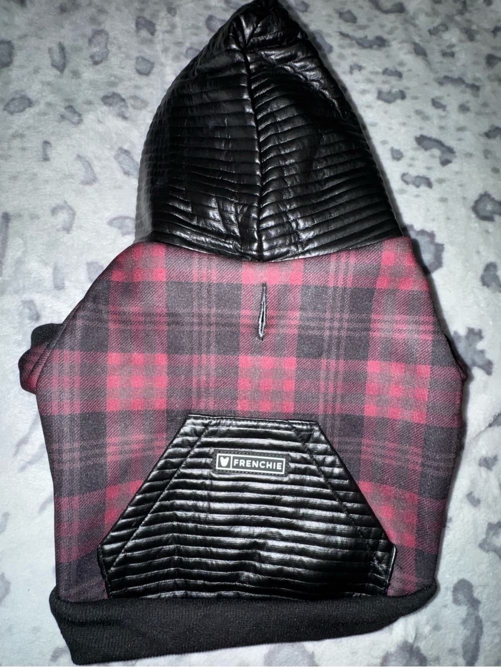 Frenchie Black Quilted with Red Plaid Hooded Dog Coat
